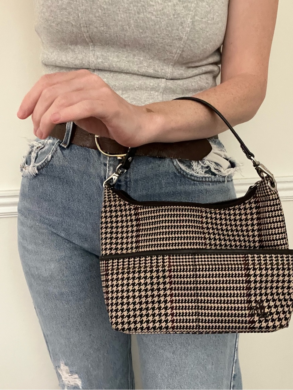 Ralph Lauren Black & cream brown red Houndstooth Belt Bag